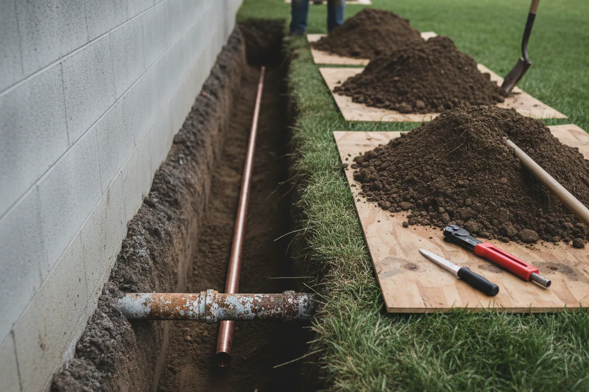 Excavated water line trench during Water Softener Installation in Bodfish